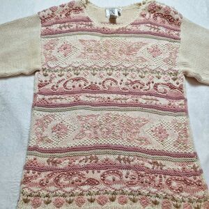 VTG STUDIO COLLECTION Hand-Knitted Embroidered Sweater Sz M Ivory Pink Cottage